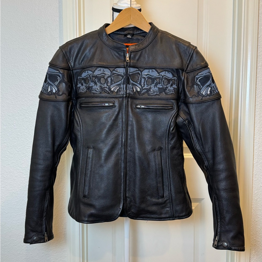 Black Leather Motorcycle Jacket with Embossed Chest Design